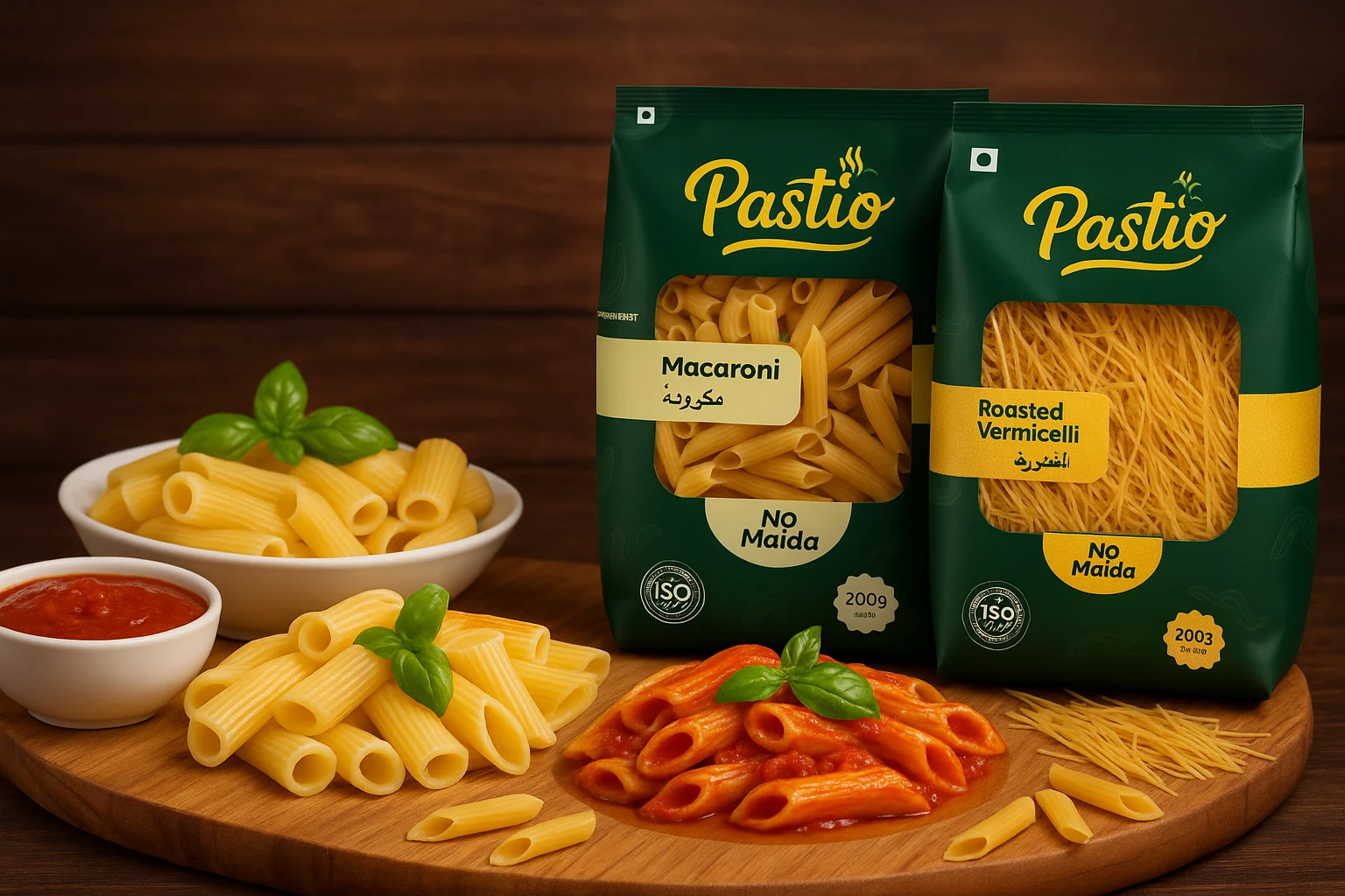 Pastio pasta packs with fresh ingredients and a bowl of pasta